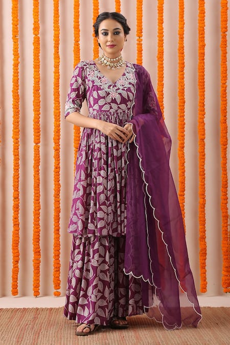 Rekha Agra Purple Cotton Slub And Organza Block Print, Pearl, Thread & Kurta Gharara Set