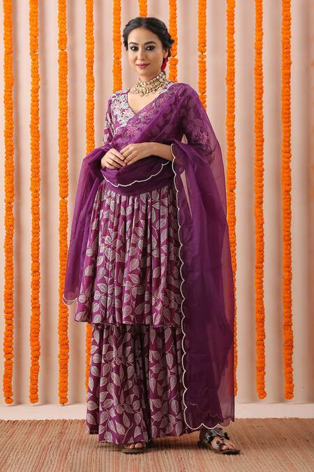 Rekha Agra Purple Cotton Slub And Organza Block Print, Pearl, Thread & Kurta Gharara Set Online at Aza Fashions Rekha Agra_Purple Cotton Slub And Organza Block Print, Pearl, Thread & Kurta Gharara Set _Online_at_Aza_Fashions