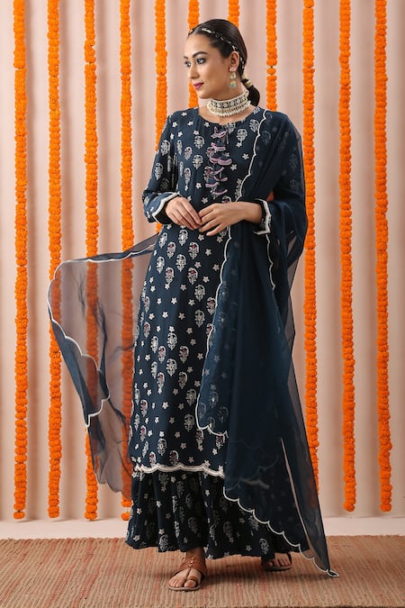 Rekha Agra_Blue Crepe And Organza Lining Cotton Block Print, Thread & Kurta Sharara Set _Online_at_Aza_Fashions