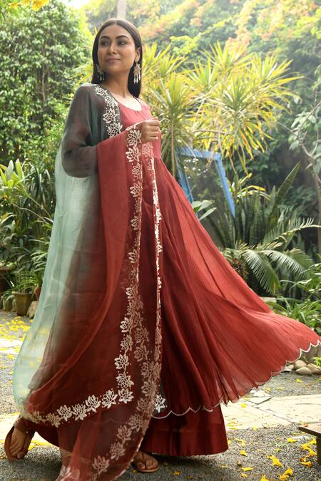 Rekha Agra_Orange Organza, Handloom Chanderi Round Anarkali Set _Online_at_Aza_Fashions