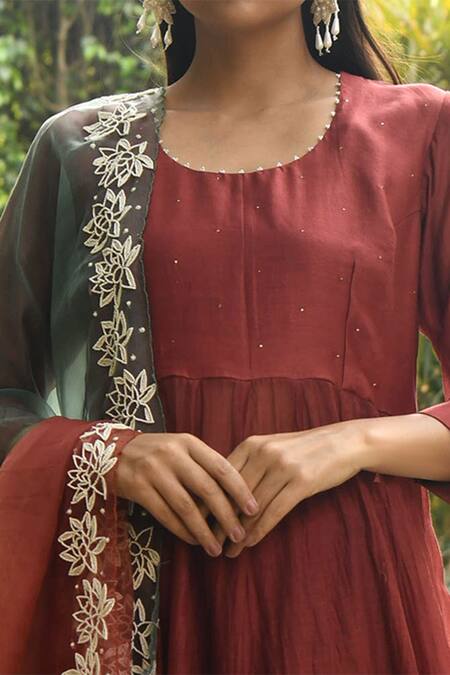 Buy_Rekha Agra_Orange Organza, Handloom Chanderi Round Anarkali Set _Online_at_Aza_Fashions