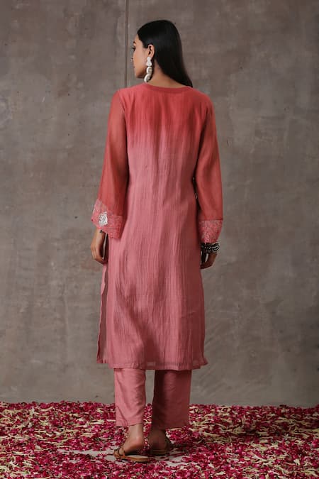 Shop Rekha Agra Peach Chanderi, Silk And Chiffon Lining Thread & Kurta Pant Set at Aza Fashions Shop_Rekha Agra_Peach Chanderi, Silk And Chiffon Lining Thread & Kurta Pant Set _at_Aza_Fashions