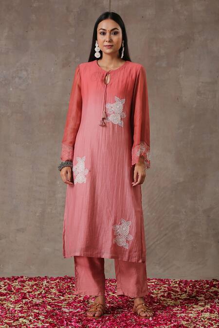 Rekha Agra Peach Chanderi, Silk And Chiffon Lining Thread & Kurta Pant Set Online at Aza Fashions Rekha Agra_Peach Chanderi, Silk And Chiffon Lining Thread & Kurta Pant Set _Online_at_Aza_Fashions