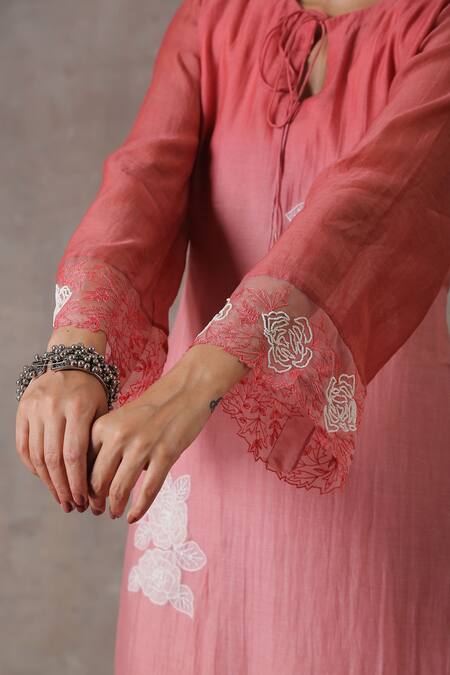 Buy Rekha Agra Peach Chanderi, Silk And Chiffon Lining Thread & Kurta Pant Set Online at Aza Fashions Buy_Rekha Agra_Peach Chanderi, Silk And Chiffon Lining Thread & Kurta Pant Set _Online_at_Aza_Fashions