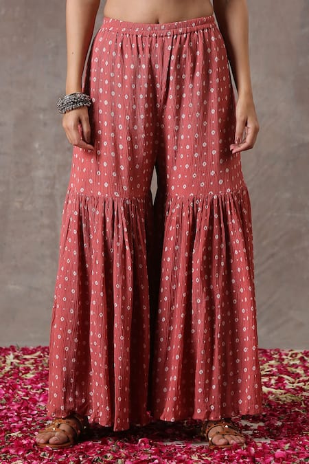 Shop Rekha Agra Peach Crinkled Cotton Silk And Organza Block Print & Pearl V Kurta Gharara Set Online at Aza Fashions Shop_Rekha Agra_Peach Crinkled Cotton Silk And Organza Block Print & Pearl V Kurta Gharara Set _Online_at_Aza_Fashions