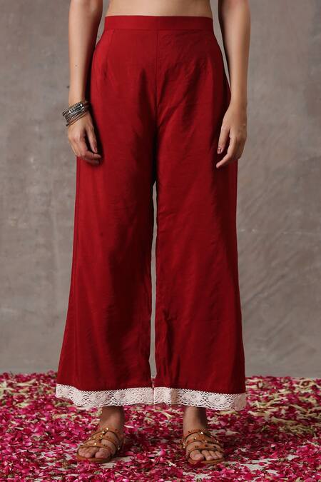 Buy_Rekha Agra_Red Chanderi And Cotton Flax Block Print & Pearl V Neck Kurta & Pant Set _Online_at_Aza_Fashions