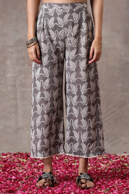 Shop_Rekha Agra_Grey Crinkled Cotton Silk Floral Motifs V Neck Print Anarkali And Palazzo Set _Online_at_Aza_Fashions