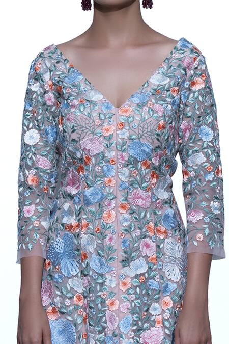 Buy Shriya Som Multi Color V Neck Floral Embroidered Tiered Dress Online at Aza Fashions Buy_Shriya Som_Multi Color V Neck Floral Embroidered Tiered Dress _Online_at_Aza_Fashions