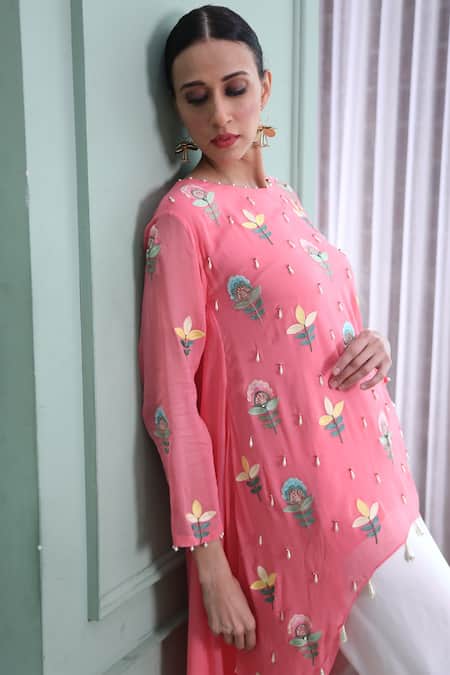 Seams Pret And Couture_Pink Georgette Embroidered Bead Work Boat Neck Reva Asymmetric Kurta And Pant Set _Online_at_Aza_Fashions