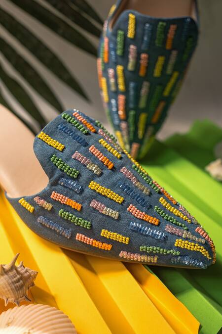 Urbansway Blue Embroidery Denim Pointed Toe Mules Online at Aza Fashions Urbansway_Blue Embroidery Denim Pointed Toe Mules _Online_at_Aza_Fashions