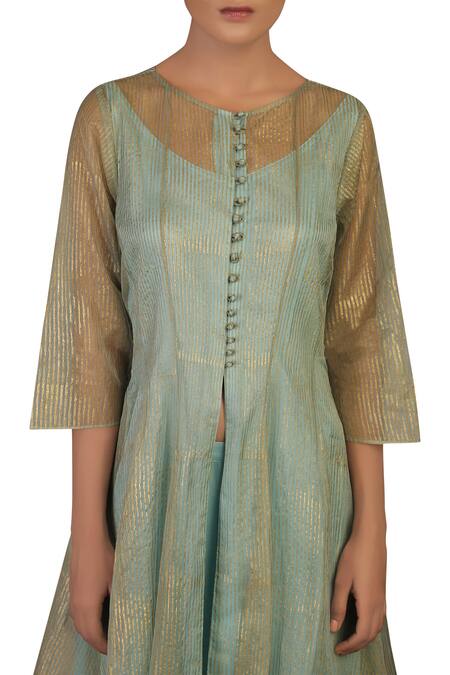 Priyam Narayan_Blue Embroidery Mandarin Collar Kurta With Palazzos_Online_at_Aza_Fashions