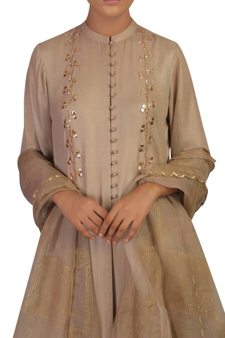 Priyam Narayan_Grey Embroidery Mandarin Mukaish Work Kurta With Kalidar Palazzos And Dupatta_Online_at_Aza_Fashions