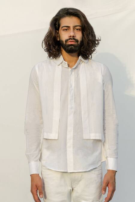 Runit Gupta_White Enzyme Washed Cotton Layered Shirt_Online_at_Aza_Fashions