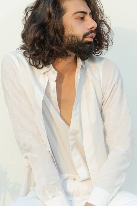 Runit Gupta_White Enzyme Washed Cotton Layered Shirt_at_Aza_Fashions