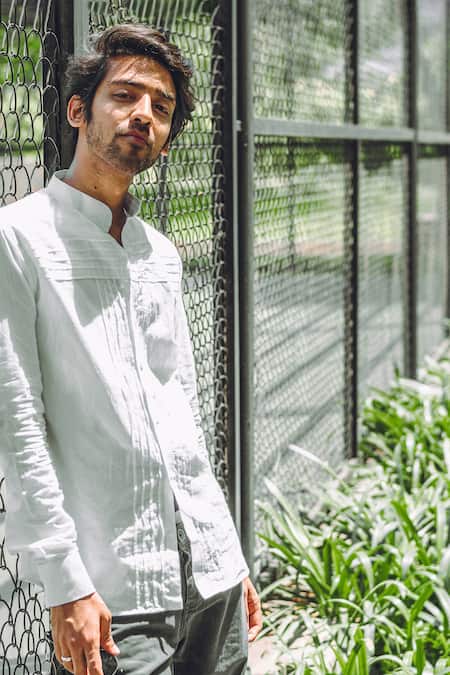 Runit Gupta_White Enzyme Washed Cotton Pintuck Shirt_Online_at_Aza_Fashions