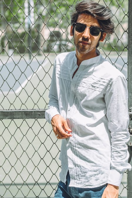 Shop_Runit Gupta_White Enzyme Washed Cotton Pintuck Shirt_Online_at_Aza_Fashions