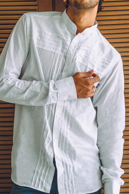 Runit Gupta_White Enzyme Washed Cotton Pintuck Shirt_at_Aza_Fashions