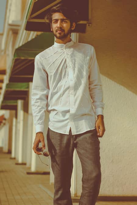 Runit Gupta_White Enzyme Washed Cotton Pintuck Shirt _Online_at_Aza_Fashions