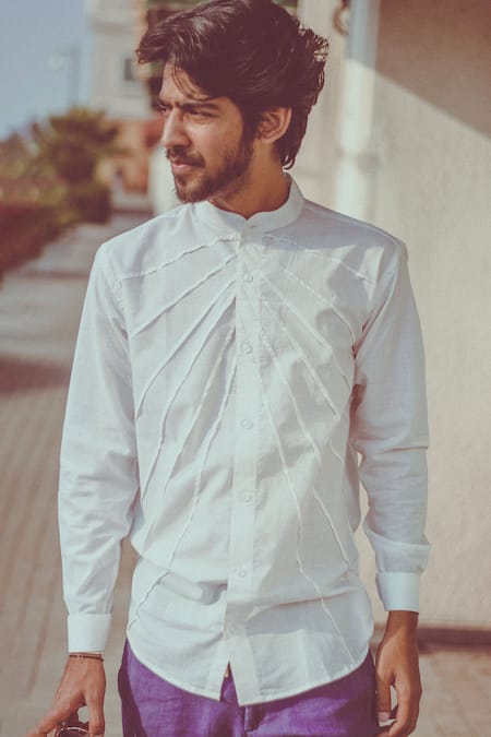 Shop_Runit Gupta_White Enzyme Washed Cotton Pintuck Shirt _Online_at_Aza_Fashions