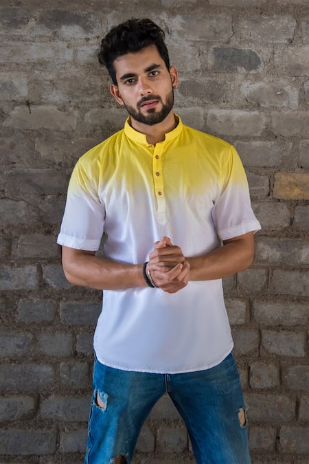 Runit Gupta_White Enzyme Washed Cotton Ombre Shirt _Online_at_Aza_Fashions