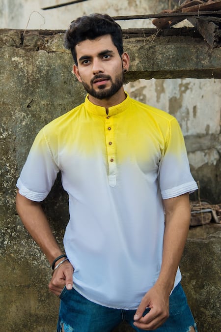 Shop_Runit Gupta_White Enzyme Washed Cotton Ombre Shirt _Online_at_Aza_Fashions