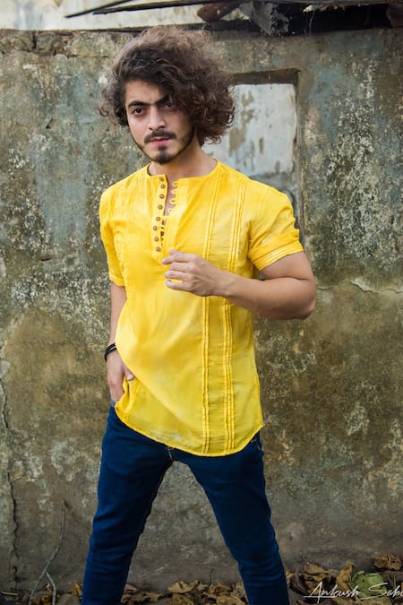 Runit Gupta Yellow Enzyme Washed Cotton Pintuck Shirt 