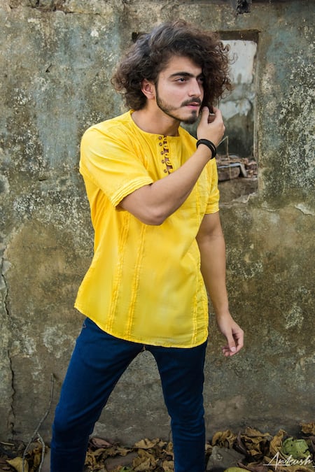 Runit Gupta_Yellow Enzyme Washed Cotton Pintuck Shirt _Online_at_Aza_Fashions