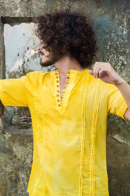 Runit Gupta_Yellow Enzyme Washed Cotton Pintuck Shirt _at_Aza_Fashions