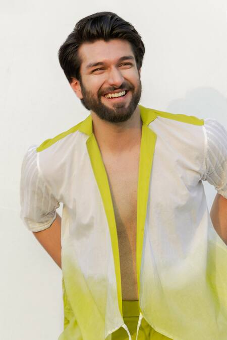 Buy_Runit Gupta_White Enzyme Washed Cotton Ombre Wrap Shirt_Online_at_Aza_Fashions