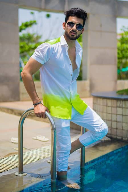Runit Gupta_White Enzyme Washed Cotton Ombre Shirt_Online_at_Aza_Fashions