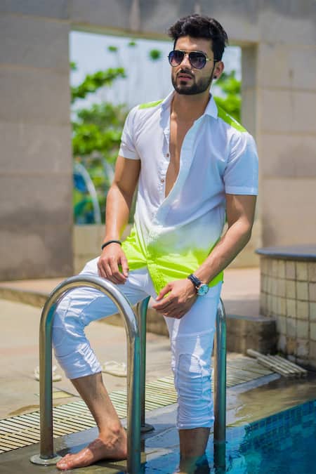 Buy_Runit Gupta_White Enzyme Washed Cotton Ombre Shirt_Online_at_Aza_Fashions