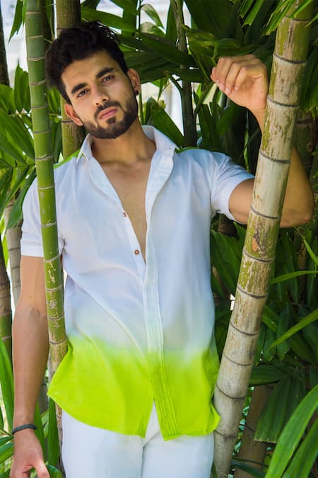 Shop_Runit Gupta_White Enzyme Washed Cotton Ombre Shirt_Online_at_Aza_Fashions