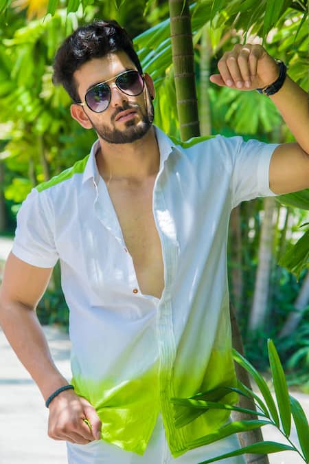 Runit Gupta_White Enzyme Washed Cotton Ombre Shirt_at_Aza_Fashions