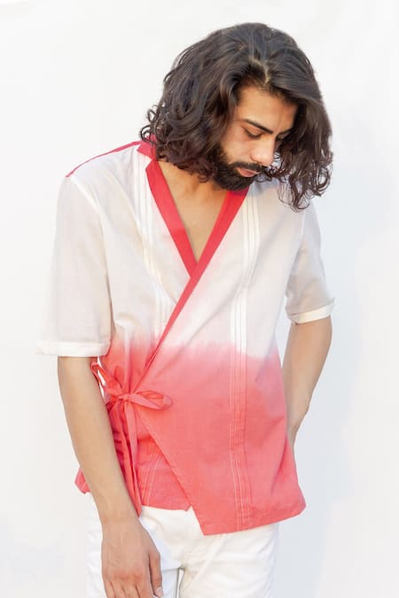 Runit Gupta_White Enzyme Washed Cotton Ombre Wrap Shirt_Online_at_Aza_Fashions