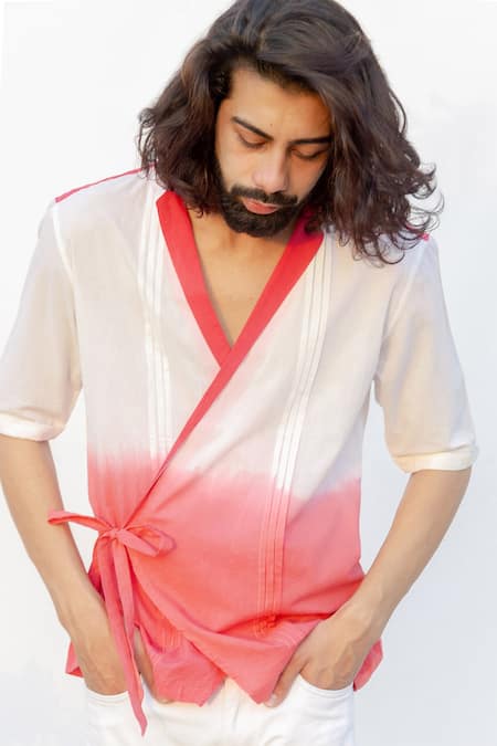 Buy_Runit Gupta_White Enzyme Washed Cotton Ombre Wrap Shirt_Online_at_Aza_Fashions