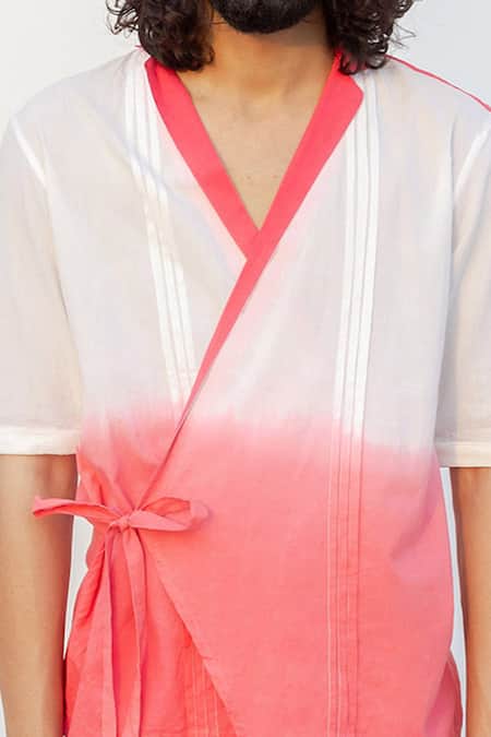 Shop_Runit Gupta_White Enzyme Washed Cotton Ombre Wrap Shirt_Online_at_Aza_Fashions