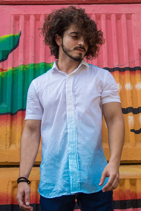 Runit Gupta_White Enzyme Washed Cotton Ombre Shirt _Online_at_Aza_Fashions