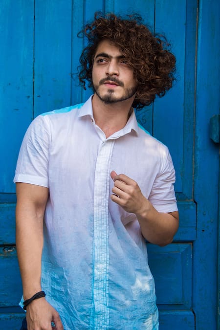 Buy_Runit Gupta_White Enzyme Washed Cotton Ombre Shirt _Online_at_Aza_Fashions