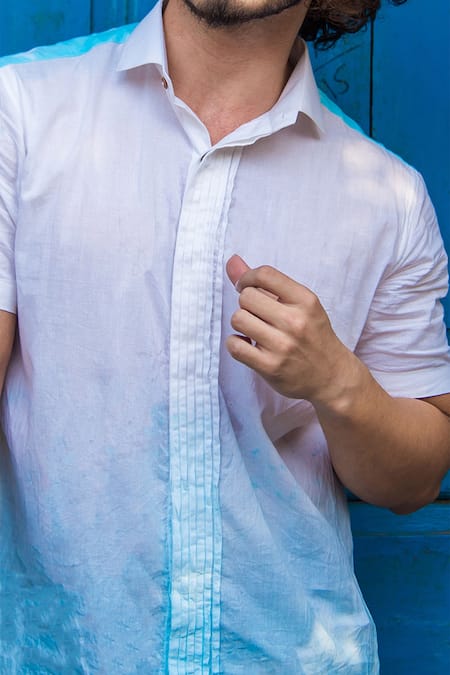Shop_Runit Gupta_White Enzyme Washed Cotton Ombre Shirt _Online_at_Aza_Fashions