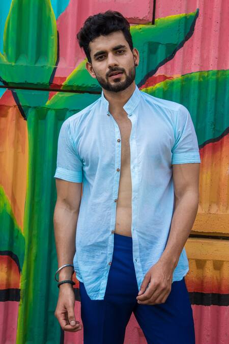 Runit Gupta_Blue Enzyme Washed Cotton Shirt _Online_at_Aza_Fashions