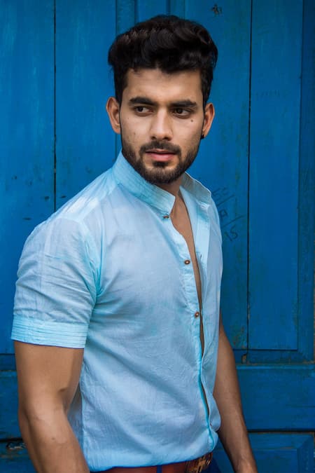 Buy_Runit Gupta_Blue Enzyme Washed Cotton Shirt _Online_at_Aza_Fashions