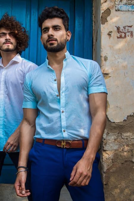 Shop_Runit Gupta_Blue Enzyme Washed Cotton Shirt _Online_at_Aza_Fashions