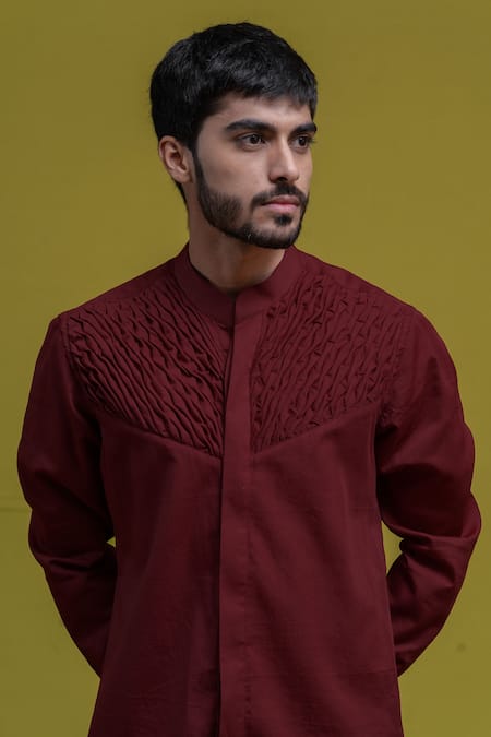 Buy_Runit Gupta_Maroon Cotton Tuxedo Shirt _Online_at_Aza_Fashions