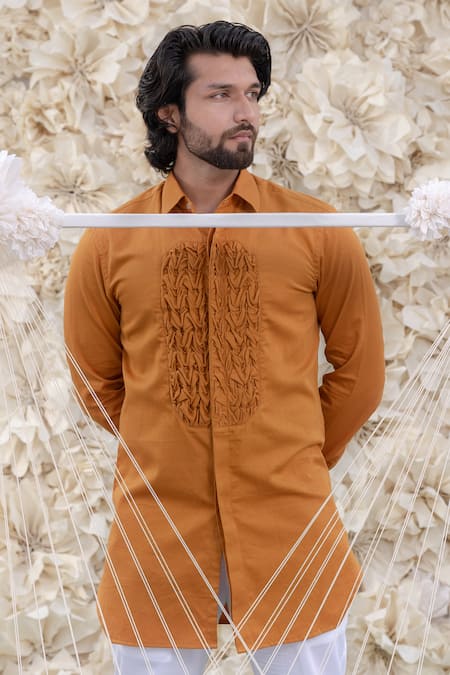 Buy_Runit Gupta_Yellow Cotton Tuxedo Shirt_Online_at_Aza_Fashions
