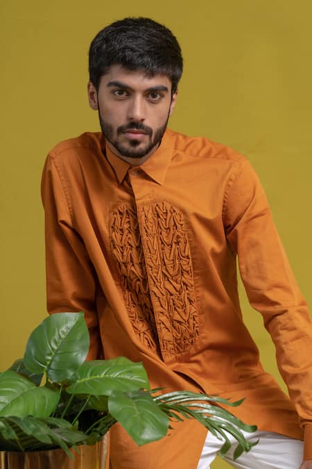 Shop_Runit Gupta_Yellow Cotton Tuxedo Shirt_Online_at_Aza_Fashions