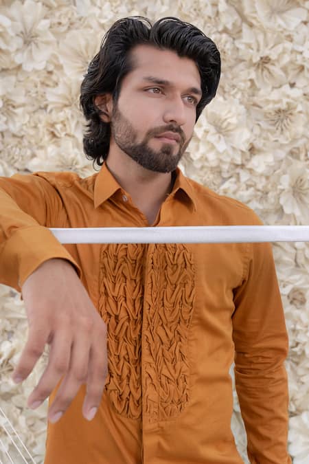 Runit Gupta_Yellow Cotton Tuxedo Shirt_at_Aza_Fashions