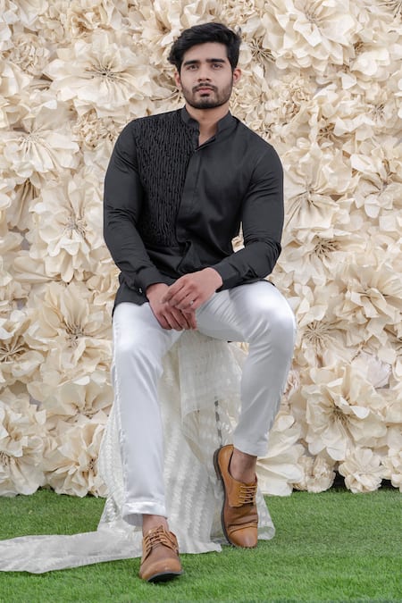 Shop_Runit Gupta_Black Cotton Tuxedo Shirt_Online_at_Aza_Fashions