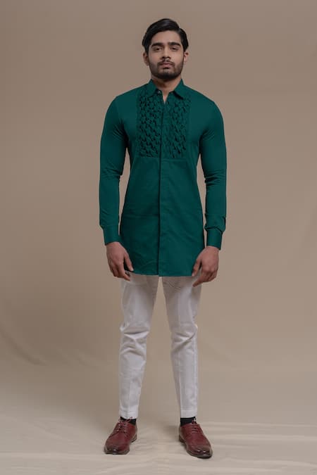 Runit Gupta_Green Pure Cotton Smocked Kurta _Online_at_Aza_Fashions