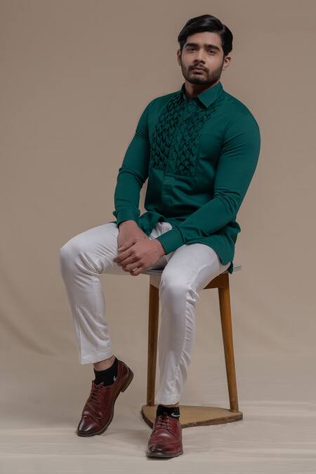 Buy_Runit Gupta_Green Pure Cotton Smocked Kurta _Online_at_Aza_Fashions