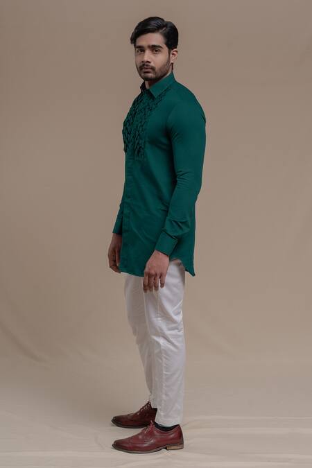 Shop_Runit Gupta_Green Pure Cotton Smocked Kurta _Online_at_Aza_Fashions